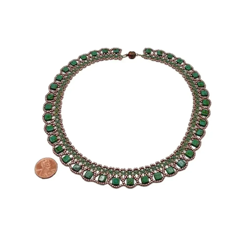 Vintage Green Glass Bead Collar Necklace, Egyptian Revival - Picture 8 of 11